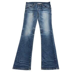 Bootcut‎ Denim Jeans With Light Wash Distressing & Faded Details  low waist